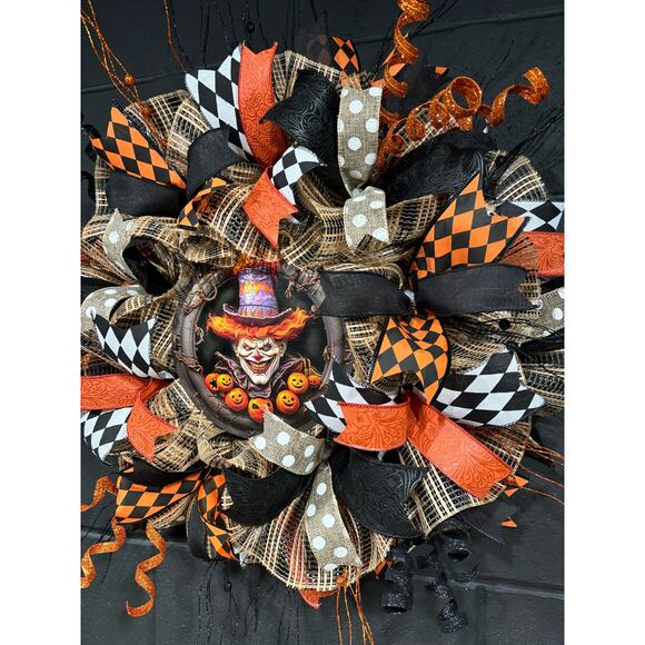 Halloween Wreath For Front Door Scary Clown  Orange and Black Handmade 28 in - Picture 3 of 8